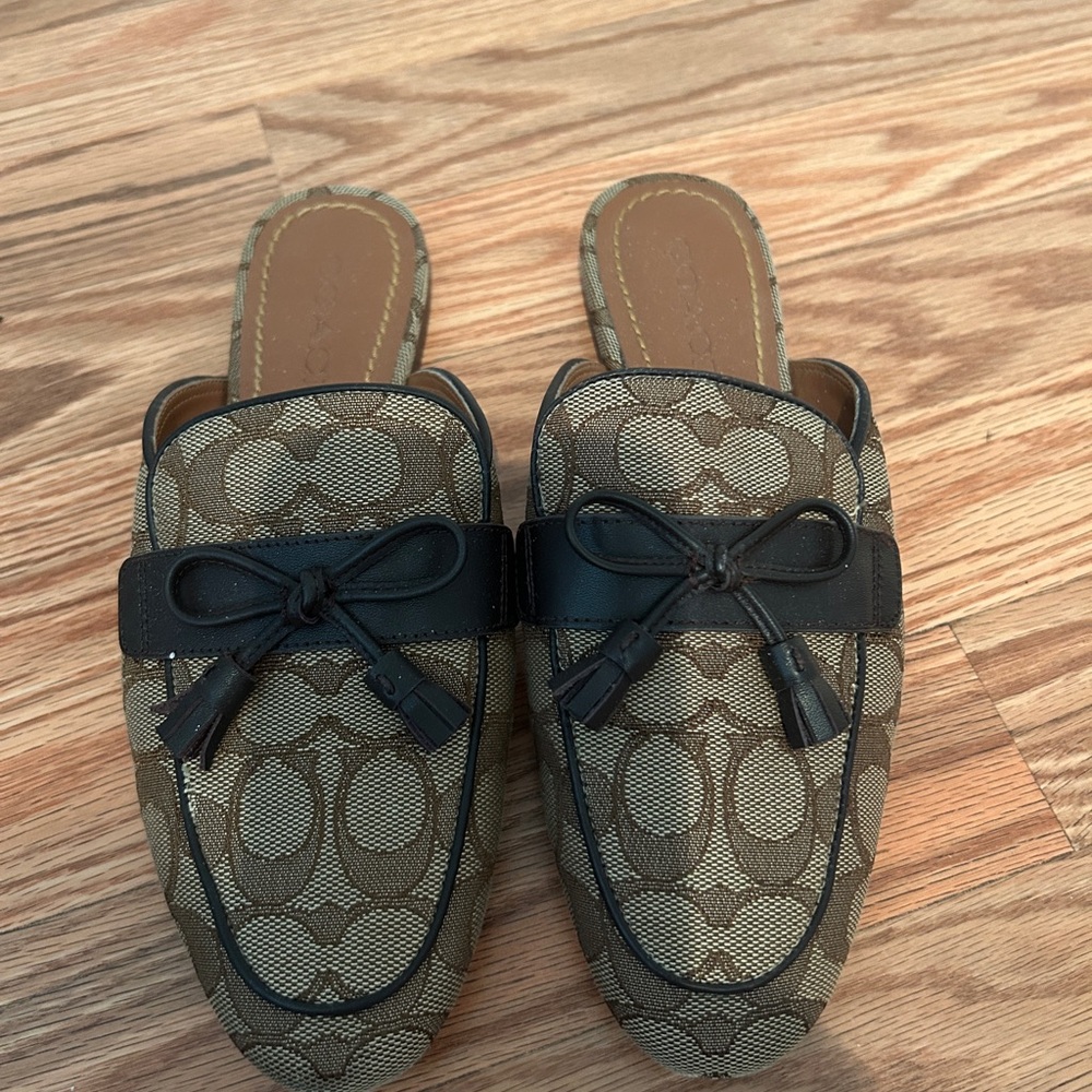 Coach Olive and Black Monogram Mules